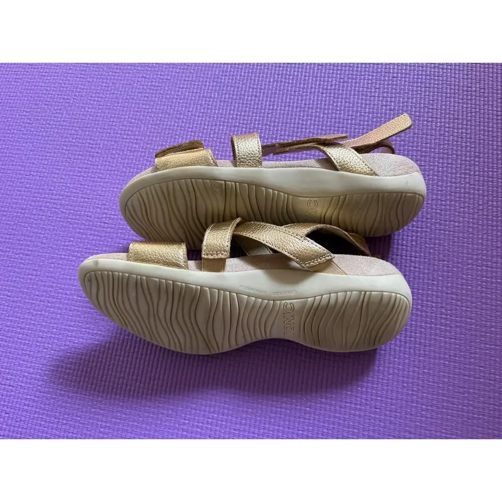 New Vionic Raya Gold Metallic Leather Orthotic Backstrap Sandals Womens Size 6